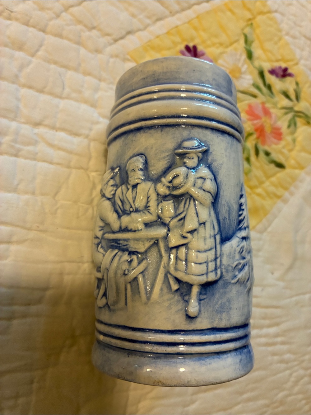 Blue and White Relief Ceramic Stein - Home Art Decorative Stein